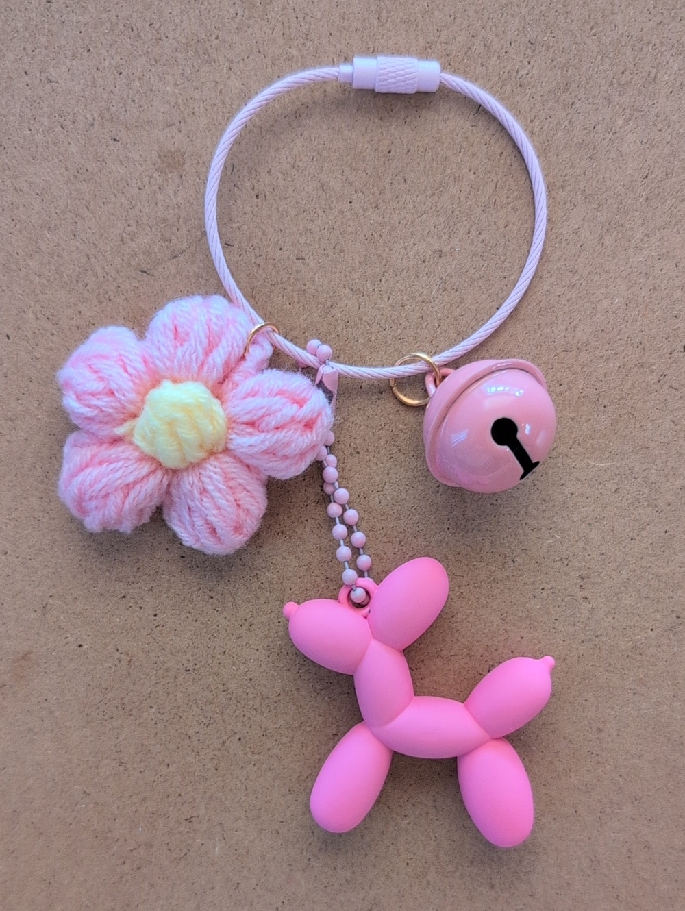 Pink Balloon Dog & Flower Charm Keyring Charm with Bell